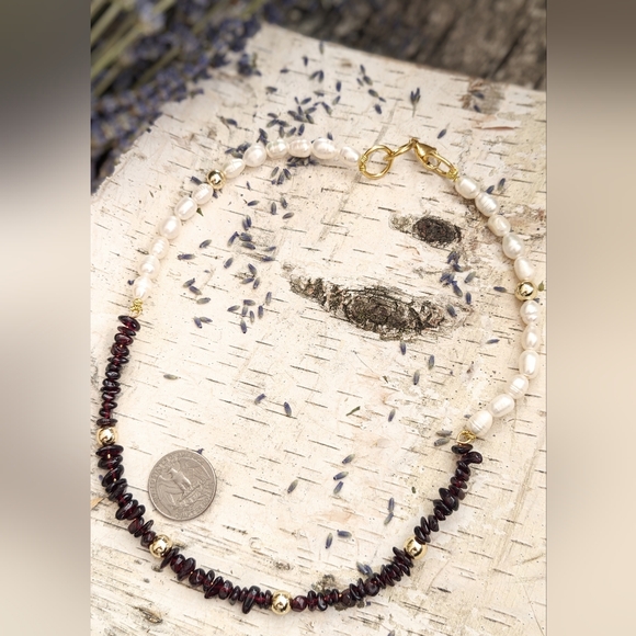 Natural Garnet Chip Beads & Freshwater Pearl Necklace - Picture 8 of 8